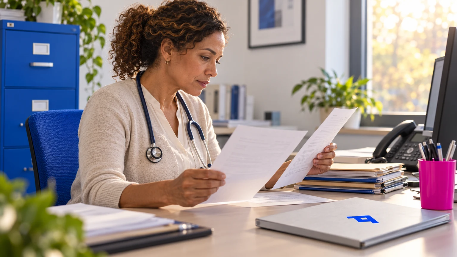 A clinician compares paperwork at a practice desk beside pending folders and a phone, with cobalt furnishings, a small pink pen cup and a discreet Fractal Force symbol on a notebook.