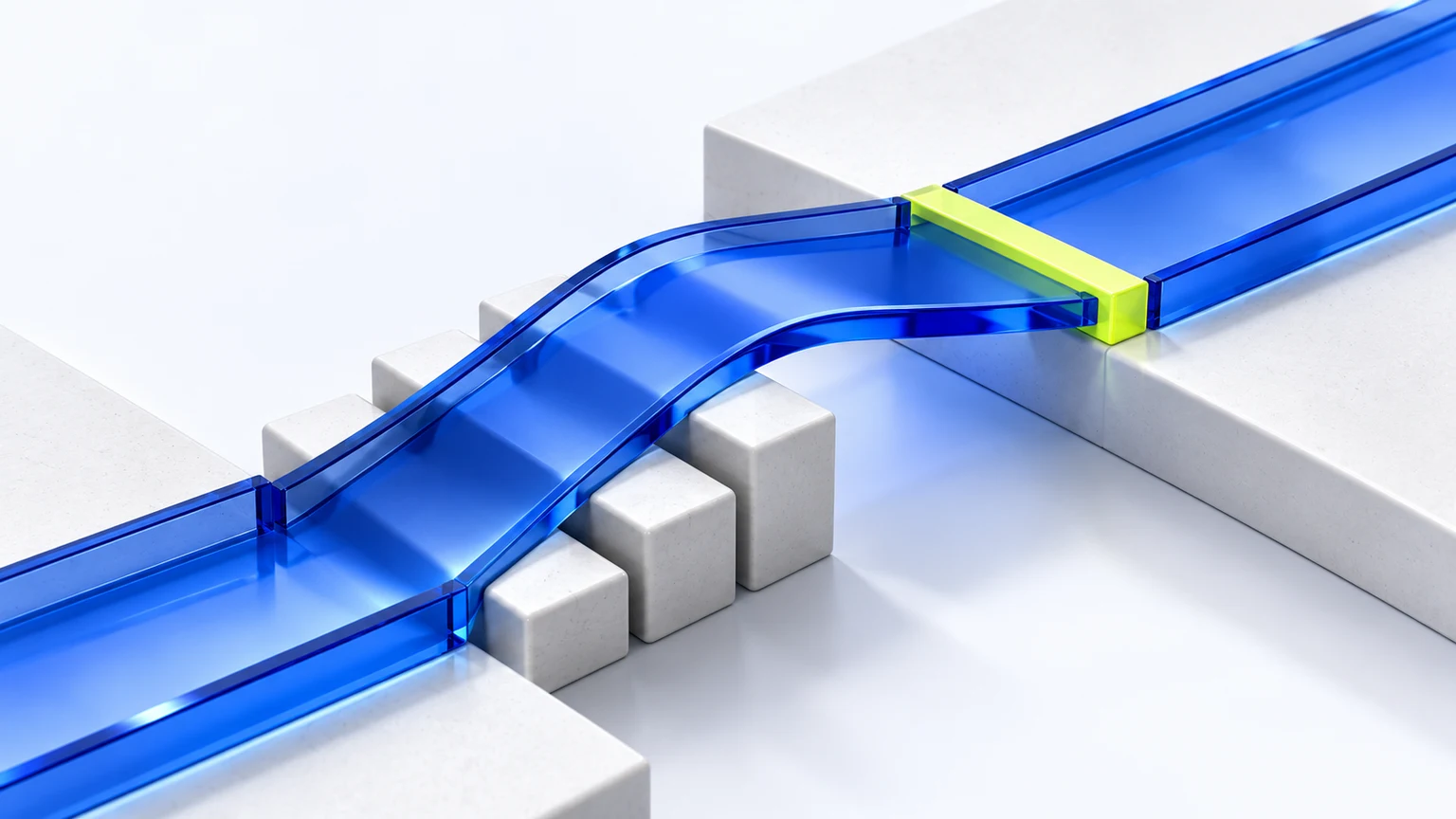 A smooth cobalt glass ramp crosses ceramic steps and joins a level pathway at a lime connection point.