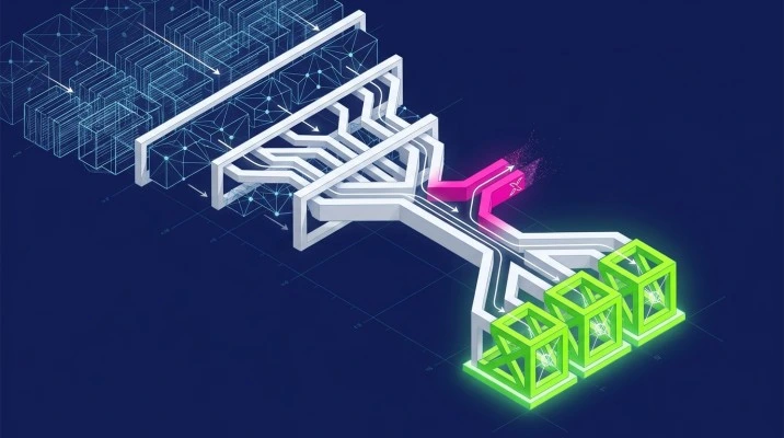 An architectural illustration of fragmented signals converging towards measurable outcomes.