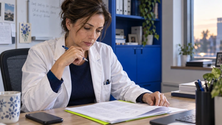A clinician reviews a research paper at her desk.
