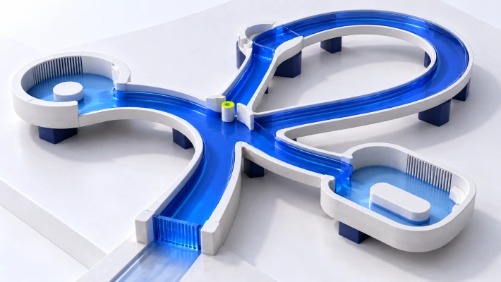 A blue pathway branches into several loops, illustrating non-linear engagement.
